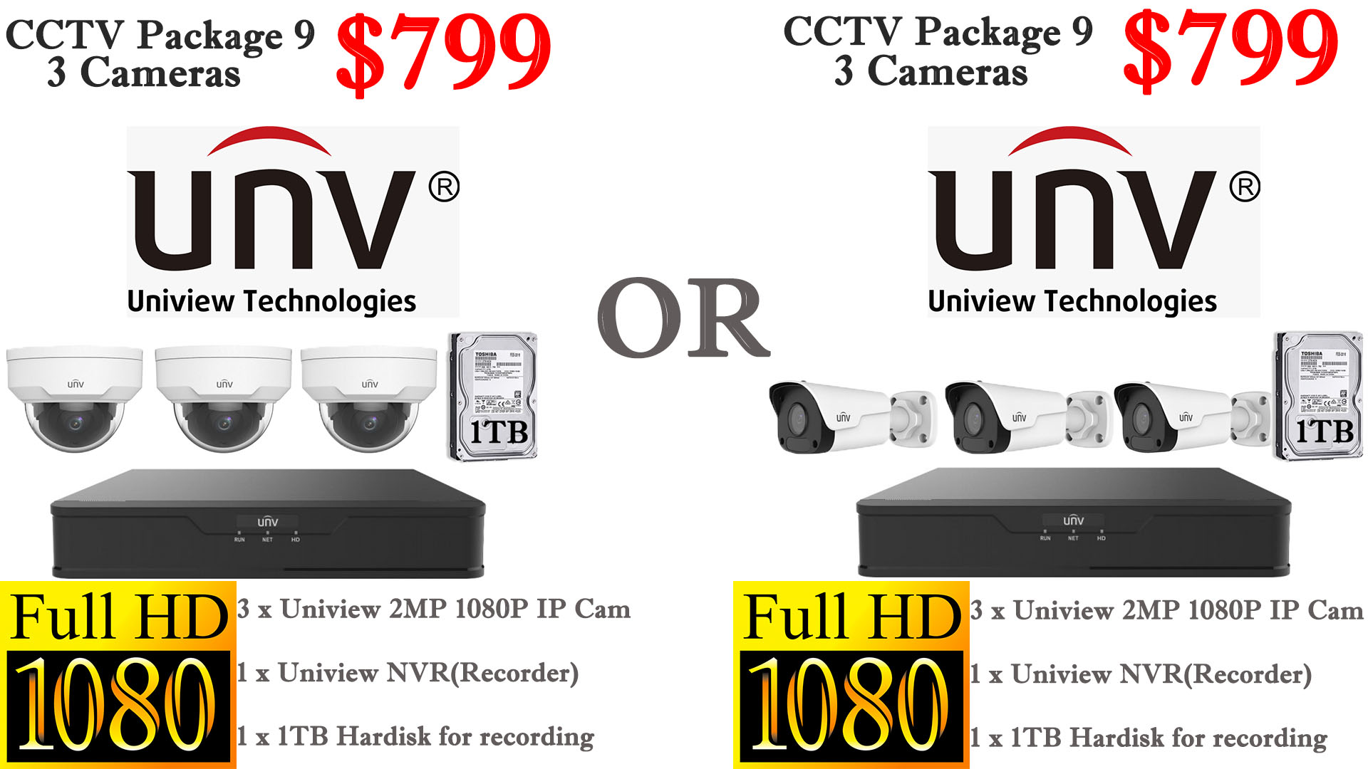 Uniview 2MP 3 Cameras Package