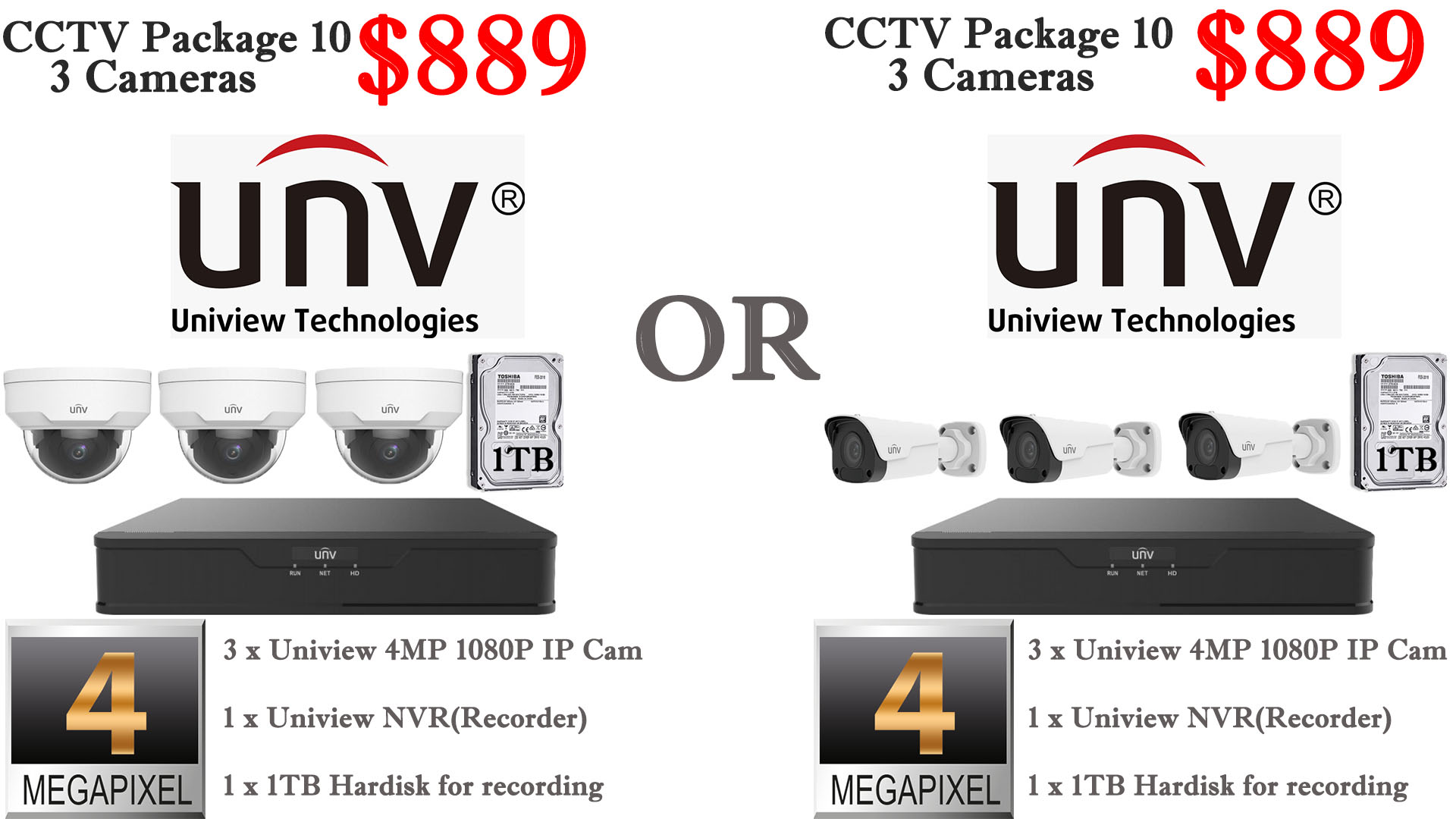 Uniview 4MP 3 Cameras Package
